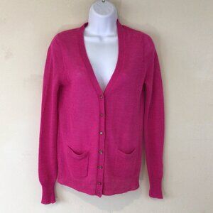 J Crew Italian Spun Alpaca Blend Wool Bright Pink Sweater Cardigan with Gemstone